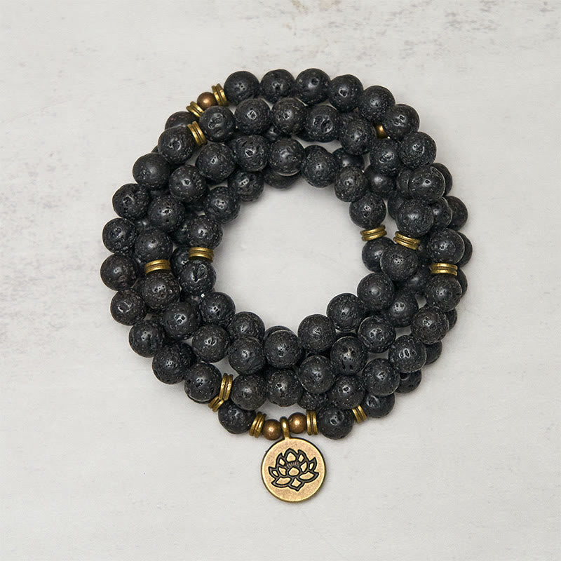 Buddha Stones Retro Lotus Symbol Charm Lava Rock Bead Healing New Beginning Mala - Lava Rock - image 0