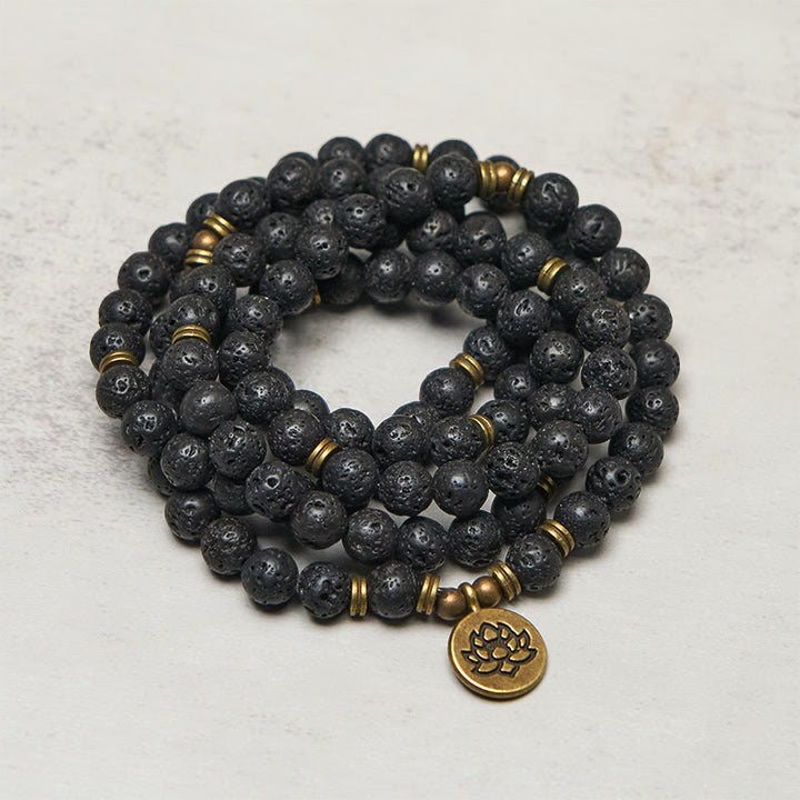 Buddha Stones Retro Lotus Symbol Charm Lava Rock Bead Healing New Beginning Mala - image 1