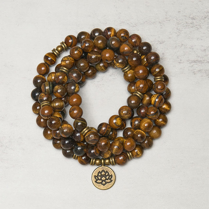 Buddha Stones Lotus Symbol Tiger Eye Beaded Strength Mala - Tiger Eye - 8mm - image 0