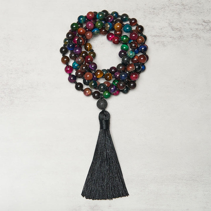 Buddha Stones Multicolored Yellow Tiger Eye Green Tiger Eye Blue Tiger Eye Red Tiger Eye Beaded Tassel Strength Mala - Tiger Eye - image 0