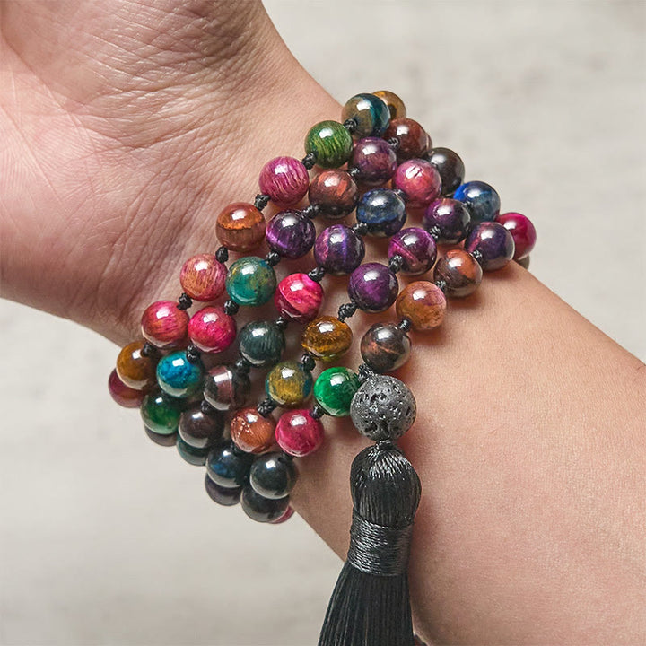 Buddha Stones Multicolored Yellow Tiger Eye Green Tiger Eye Blue Tiger Eye Red Tiger Eye Beaded Tassel Strength Mala - image 2