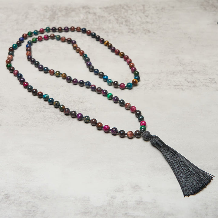 Buddha Stones Multicolored Yellow Tiger Eye Green Tiger Eye Blue Tiger Eye Red Tiger Eye Beaded Tassel Strength Mala - image 1