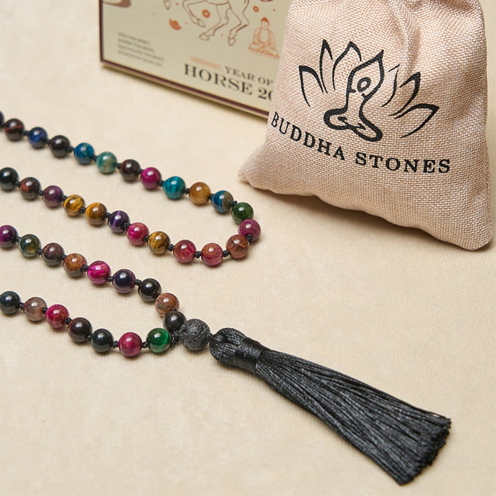Buddha Stones Multicolored Yellow Tiger Eye Green Tiger Eye Blue Tiger Eye Red Tiger Eye Beaded Tassel Strength Mala - image 3