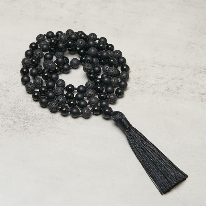 Buddha Stones 8mm Beads Black Onyx Lava Rock Tassel Protection Fortune Mala - Black Onyx&Lava Rock - image 0