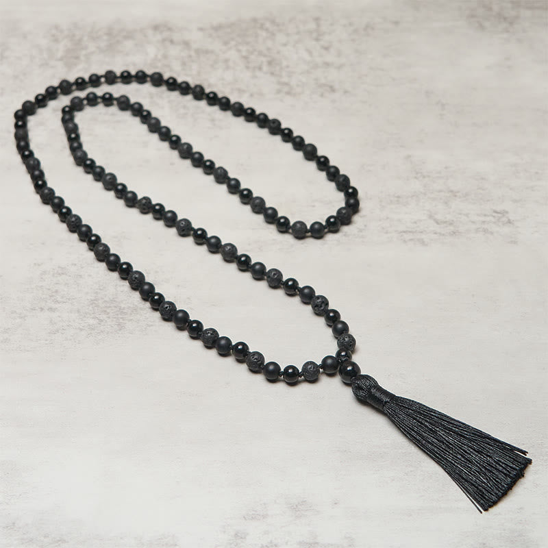 Buddha Stones 8mm Beads Black Onyx Lava Rock Tassel Protection Fortune Mala - image 2