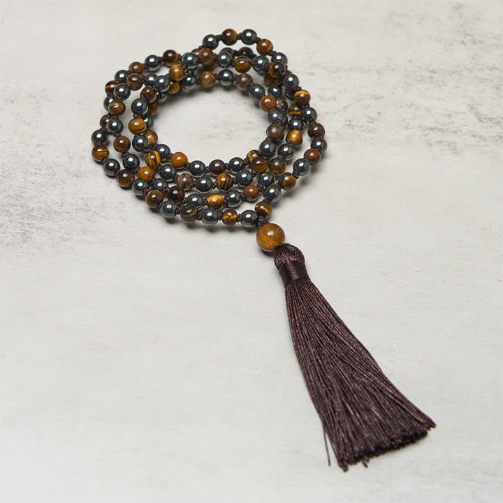 Buddha Stones 108 Beads Tiger Eye Hematite Tassel Courage Strength Mala - Tiger Eye&Hematite - image 0