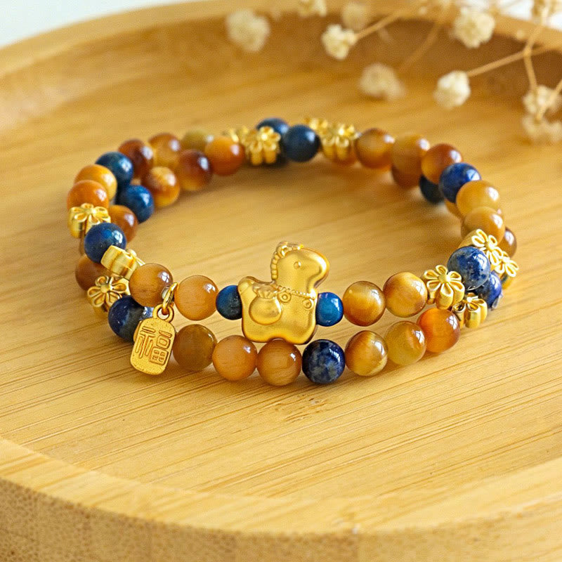 Buddha Stones Year Of The Horse Fu Character Lazurite Tiger Eye Serenity Double Wrap Bracelet - image 2