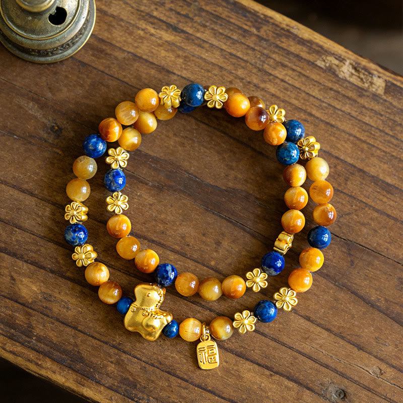 Buddha Stones Year Of The Horse Fu Character Lazurite Tiger Eye Serenity Double Wrap Bracelet - image 3