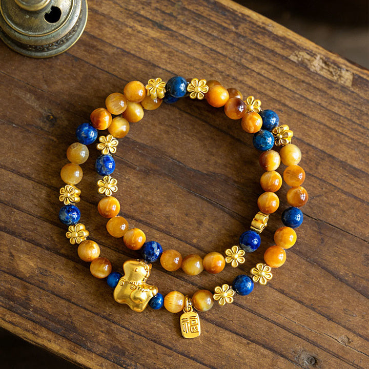 Buddha Stones Year Of The Horse Fu Character Lazurite Lapis Lazuli Tiger Eye Serenity Double Wrap Bracelet - image 3