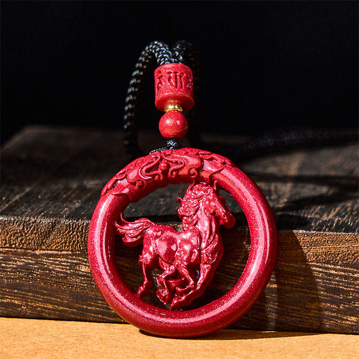 Buddha Stones Year Of The Horse Carving Peace Buckle Natural Cinnabar Concentration Necklace Pendant - image 1