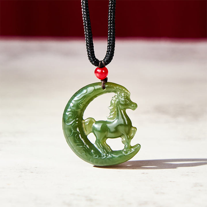Buddha Stones Chinese Zodiac Year Of The Horse Charm Carved Jade Luck Prosperity Necklace Pendants - Jade(Abundance ♥ Luck) - 29*28*5mm - image 0
