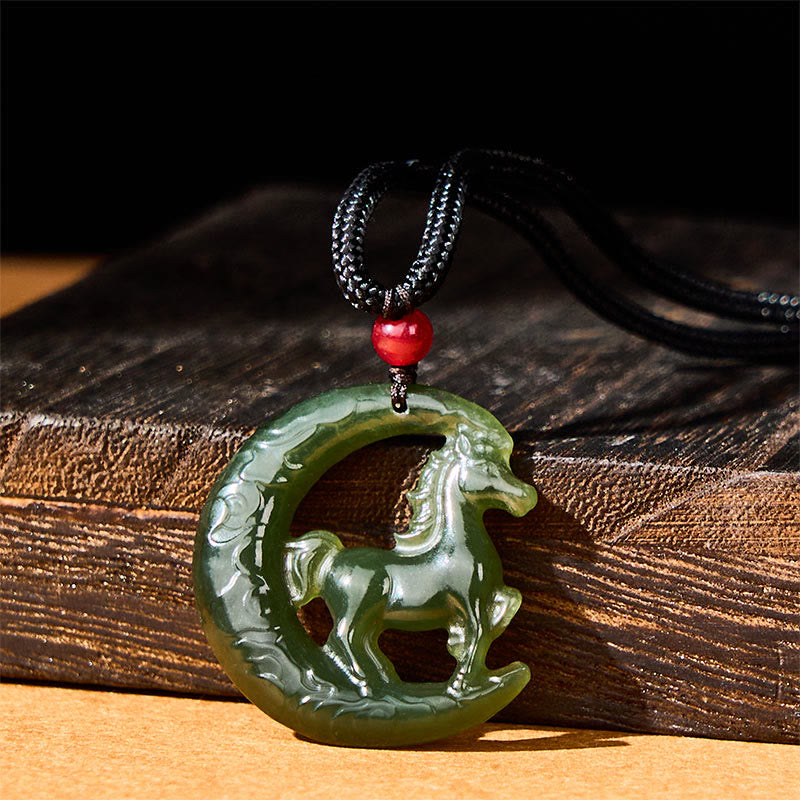 Buddha Stones Chinese Zodiac Year Of The Horse Charm Carved Jade Luck Prosperity Necklace Pendants - image 1