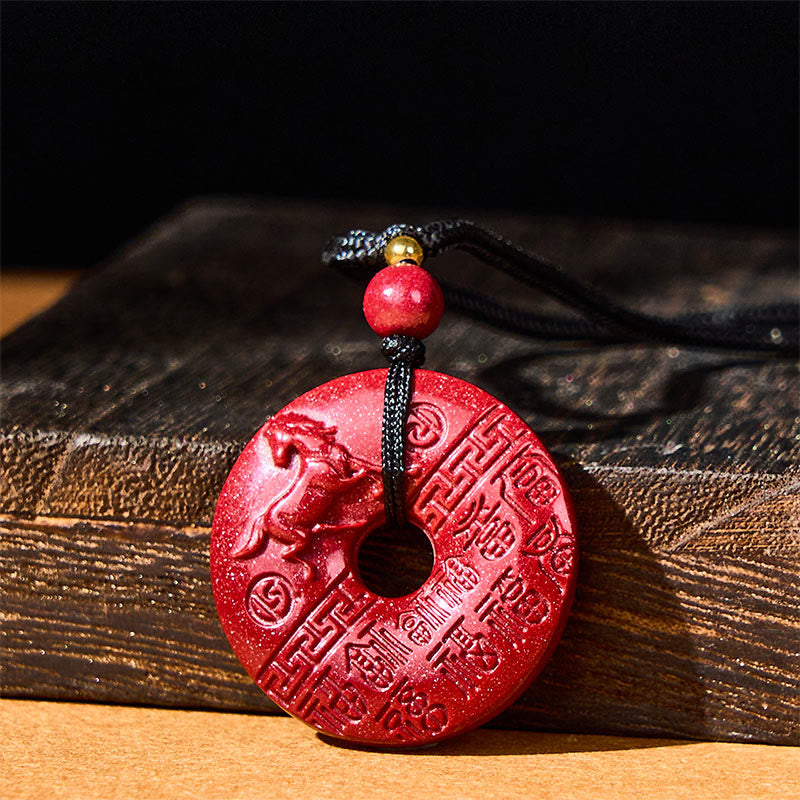 Buddha Stones Year Of The Horse Carved Fu Character Peace Buckle Design Cinnabar Blessing Auspicious Necklace Pendant - Horse(Size: 30*7mm) - image 0