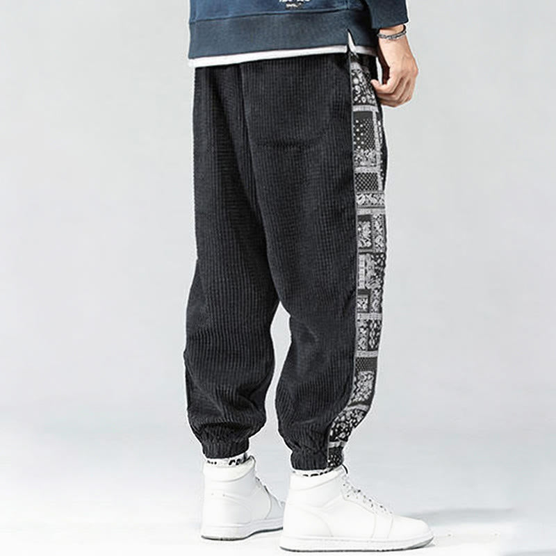 Buddha Stones Fall Solid Drawstring Side Paisley Pattern Straight Leg Ankle-length Corduroy Men's Pants With Pockets - image 3