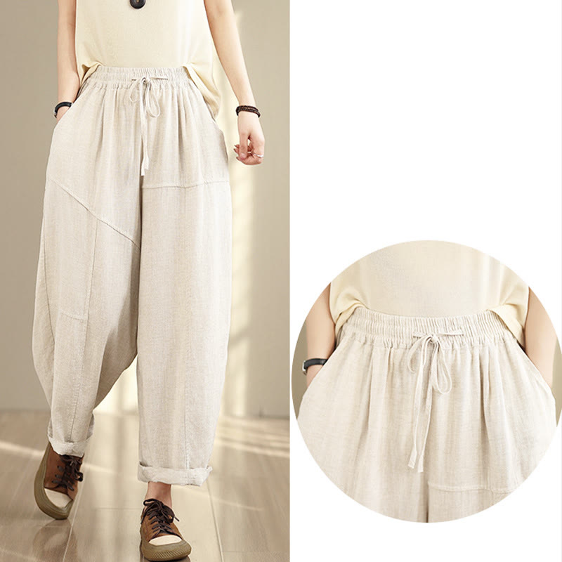 Buddha Stones Women's Fall Plain Color Drawstring Cotton Linen 7-8 Length Pants With Pockets - image 11