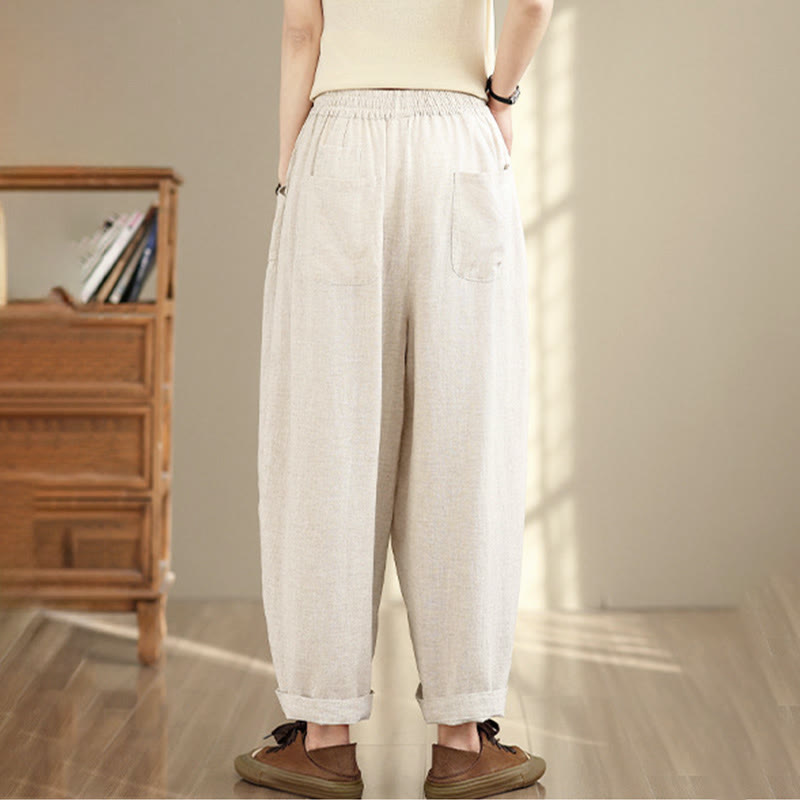 Buddha Stones Women's Fall Plain Color Drawstring Cotton Linen 7-8 Length Pants With Pockets - image 5
