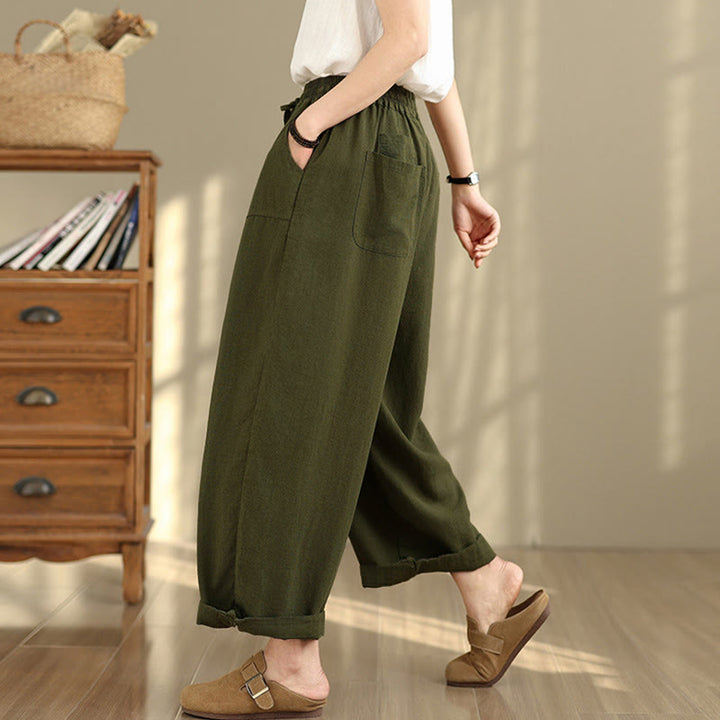 Buddha Stones Women's Fall Plain Color Drawstring Cotton Linen 7-8 Length Pants With Pockets - image 22