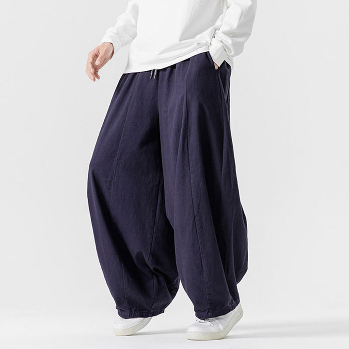 Buddha Stones Winter Commute Plain Drawstring Design Men's Wide Leg Cotton Pants With Pockets - image 7