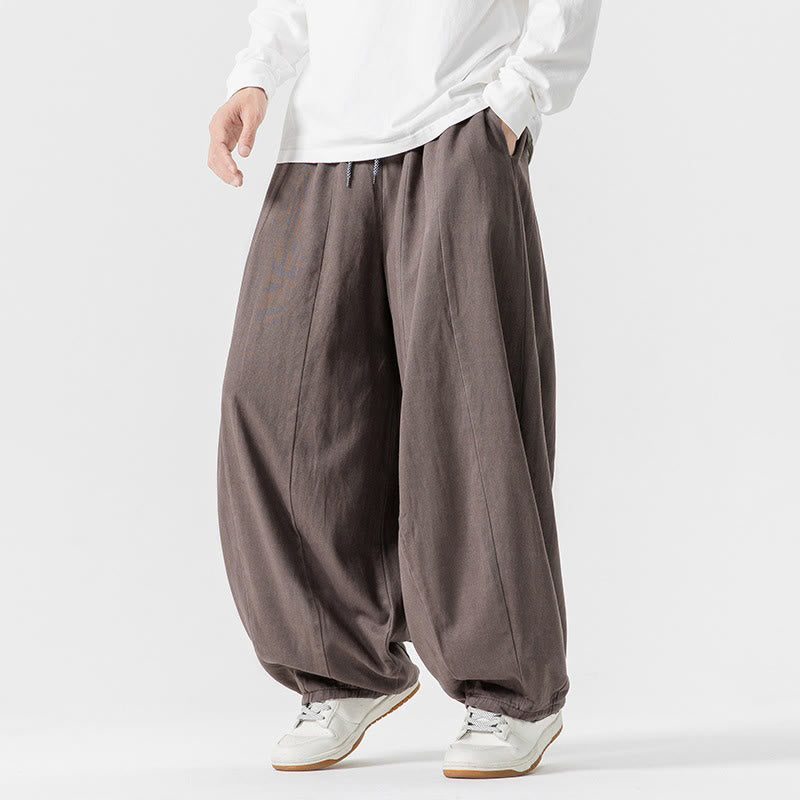Buddha Stones Winter Commute Plain Drawstring Design Men's Wide Leg Cotton Pants With Pockets - image 29
