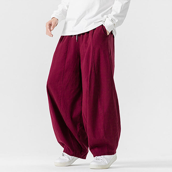 Buddha Stones Winter Commute Plain Drawstring Design Men's Wide Leg Cotton Pants With Pockets - image 35