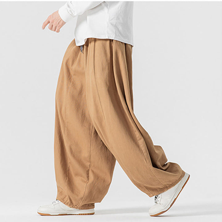 Buddha Stones Winter Commute Plain Drawstring Design Men's Wide Leg Cotton Pants With Pockets - image 14