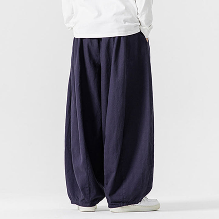 Buddha Stones Winter Commute Plain Drawstring Design Men's Wide Leg Cotton Pants With Pockets - image 5