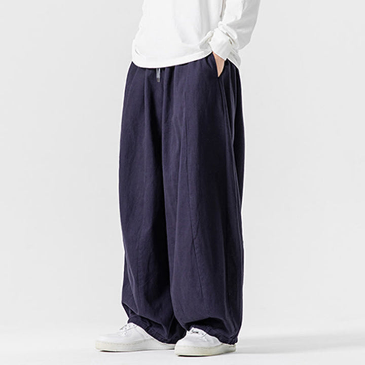 Buddha Stones Winter Commute Plain Drawstring Design Men's Wide Leg Cotton Pants With Pockets - image 4