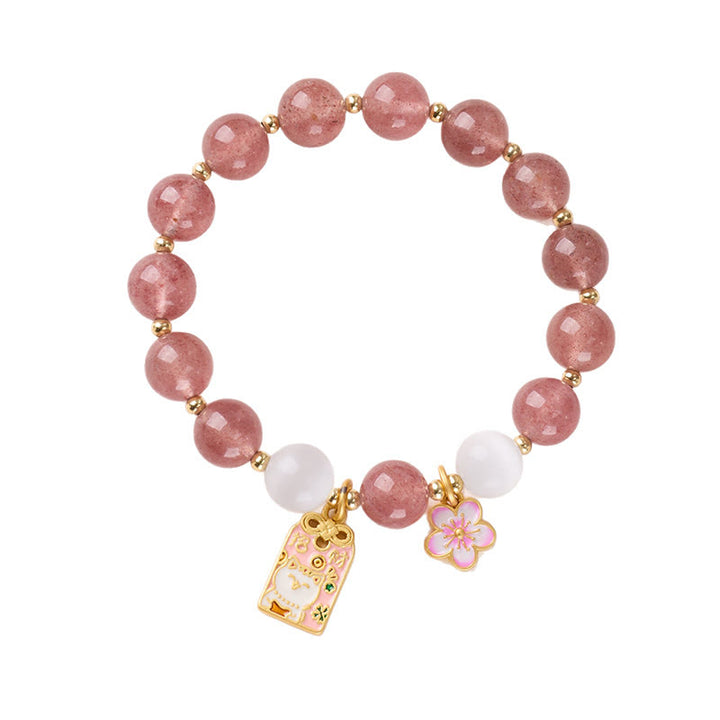 Buddha Stones Lucky Cat Peach Blossoms Charm Strawberry Quartz White Cat's Eye Healing Bracelet - image 3