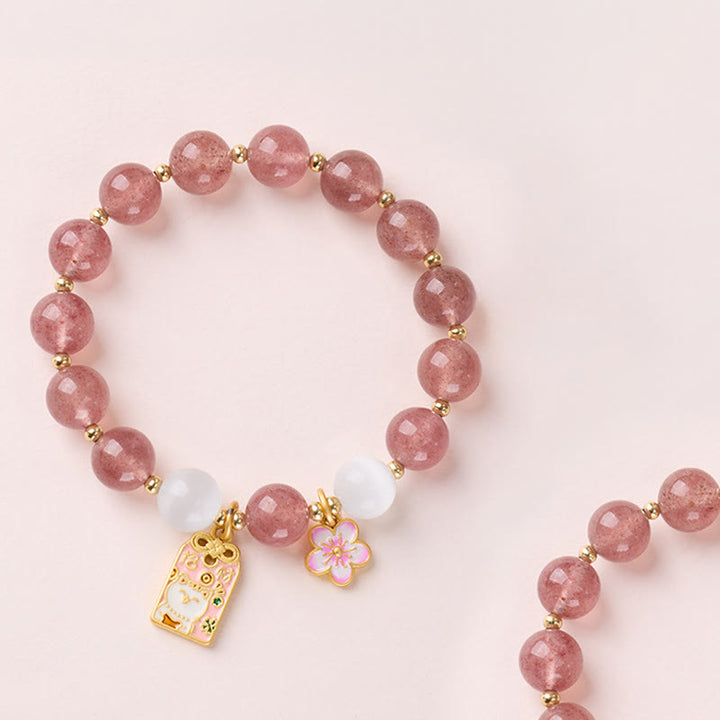 Buddha Stones Lucky Cat Peach Blossoms Charm Strawberry Quartz White Cat's Eye Healing Bracelet - Strawberry Quartz(Wrist Circumference: 14-16cm) - image 1