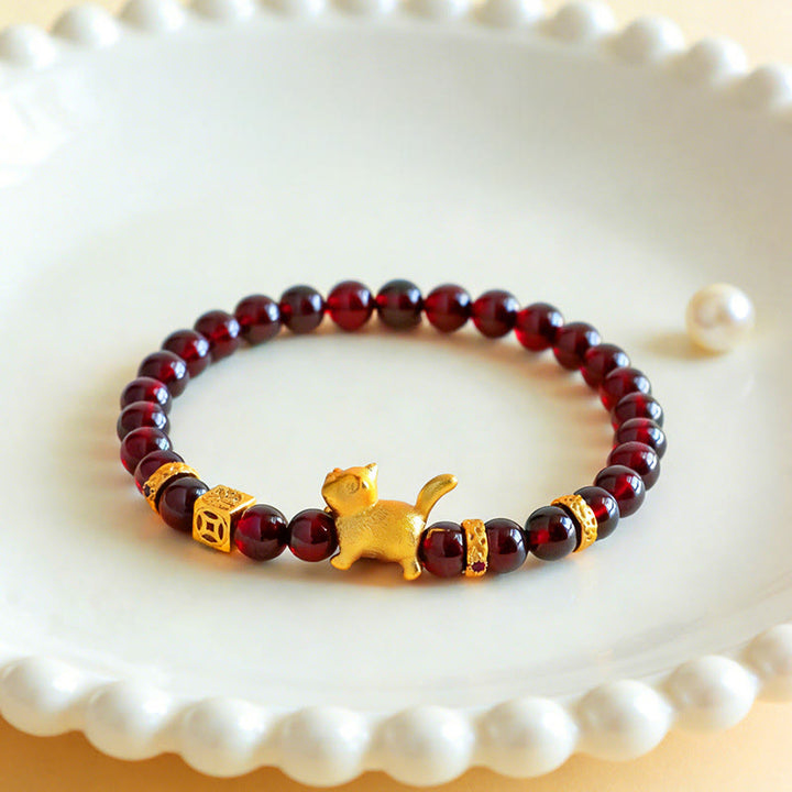 Buddha Stones Cute Lucky Cat Charm Garnet Cinnabar Calm Protection Beaded Bracelet - image 4