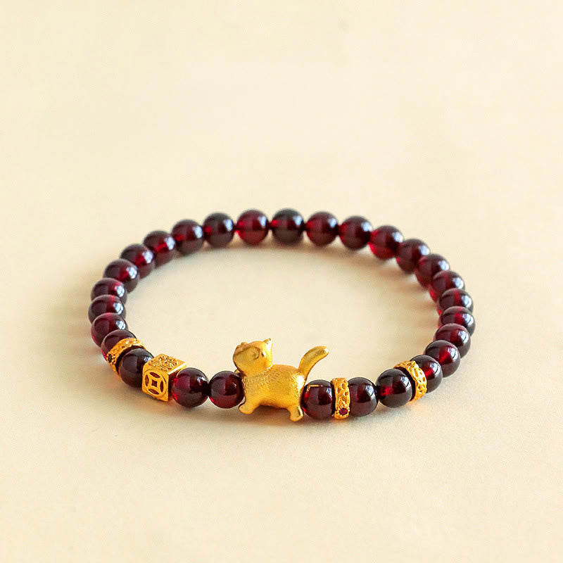 Buddha Stones Cute Lucky Cat Charm Garnet Cinnabar Calm Protection Beaded Bracelet - Garnet(Wrist Circumference: 13-15cm) - image 1
