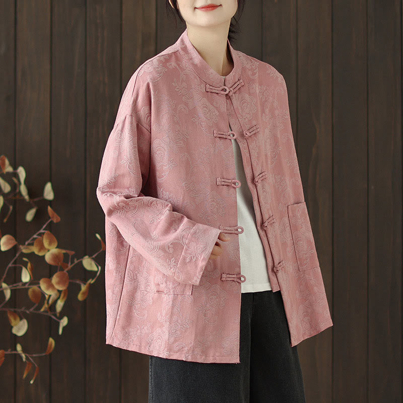 Buddha Stones Fall Floral Print Frog-Button Stand Collar Long Sleeve Women's Cotton Shirt - image 2