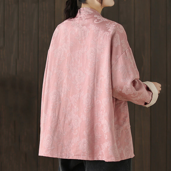 Buddha Stones Fall Floral Print Frog-Button Stand Collar Long Sleeve Women's Cotton Shirt - image 4