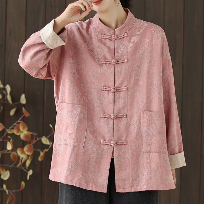 Buddha Stones Fall Floral Print Frog-Button Stand Collar Long Sleeve Women's Cotton Shirt - image 1