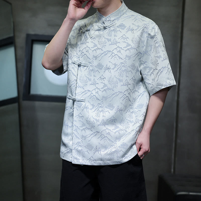 Buddha Stones Summer Mountain Pattern Jacquard Chinese Frog-Button Cotton Short Sleeve Men's Shirt - image 15