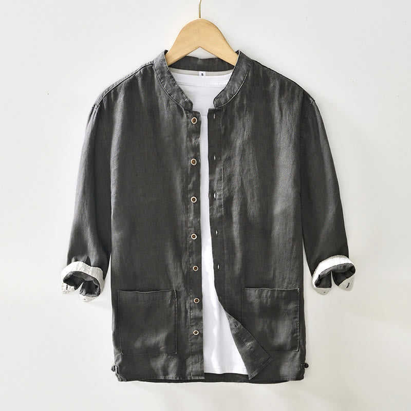 Buddha Stones Fall Solid Color Buttons Down Stand Collar Three Quarter Sleeve Linen Men's Shirt With Pockets - DarkGray - US/UK/AU42，EU52 (3XL) - image 0