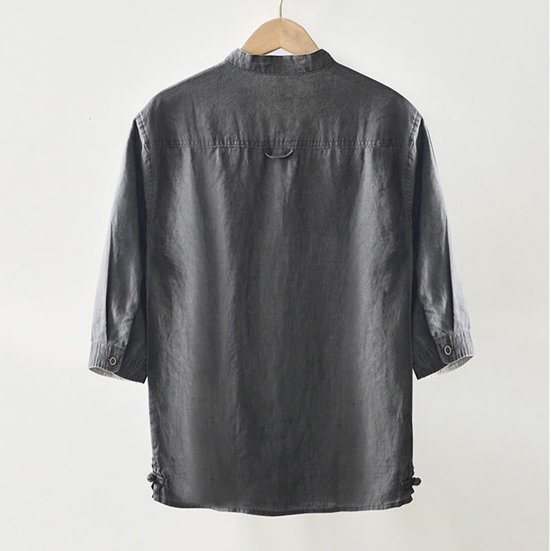 Buddha Stones Fall Solid Color Buttons Down Stand Collar Three Quarter Sleeve Linen Men's Shirt With Pockets - image 2