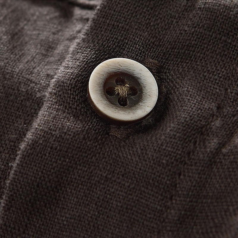 Buddha Stones Fall Solid Color Buttons Down Stand Collar Three Quarter Sleeve Linen Men's Shirt With Pockets - image 20