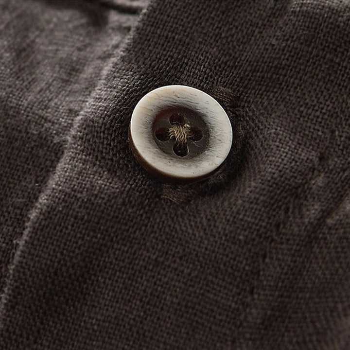 Buddha Stones Fall Solid Color Buttons Down Stand Collar Three Quarter Sleeve Linen Men's Shirt With Pockets - image 20