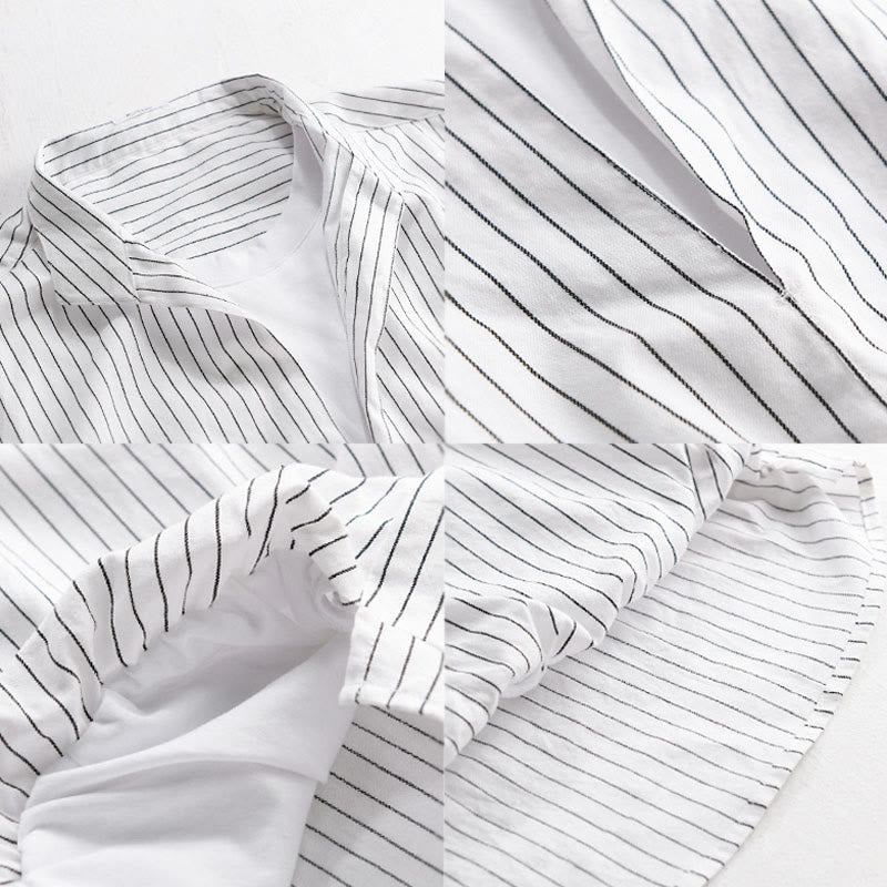 Buddha Stones Fall 2 In 1 Stripes Stand Collar Long Sleeve Men's Cotton Shirt - image 3