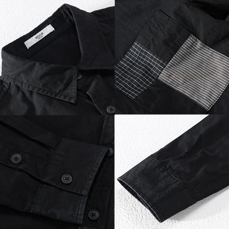 Buddha Stones Fall Square Color Blocking Decorative Pocket Buttons Down Stand Collar Long Sleeve Men's Cotton Shirt - image 7