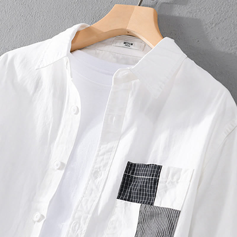 Buddha Stones Fall Square Color Blocking Decorative Pocket Buttons Down Stand Collar Long Sleeve Men's Cotton Shirt - image 10