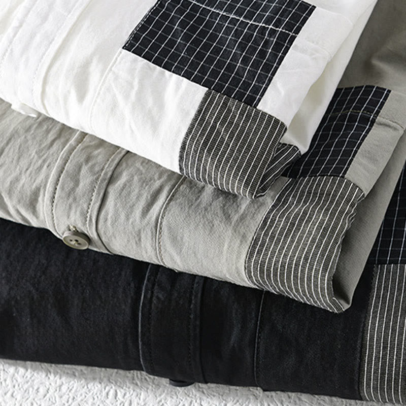 Buddha Stones Fall Square Color Blocking Decorative Pocket Buttons Down Stand Collar Long Sleeve Men's Cotton Shirt - image 17