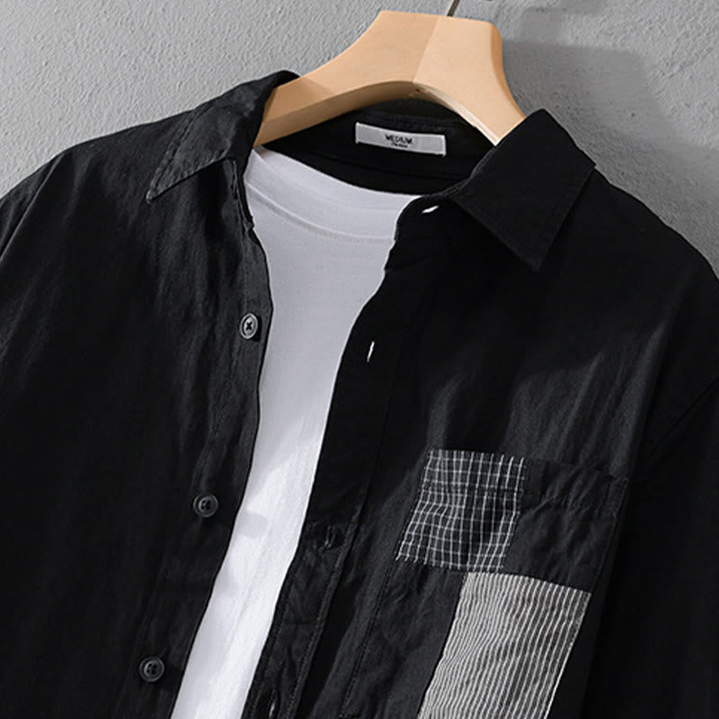 Buddha Stones Fall Square Color Blocking Decorative Pocket Buttons Down Stand Collar Long Sleeve Men's Cotton Shirt - image 5