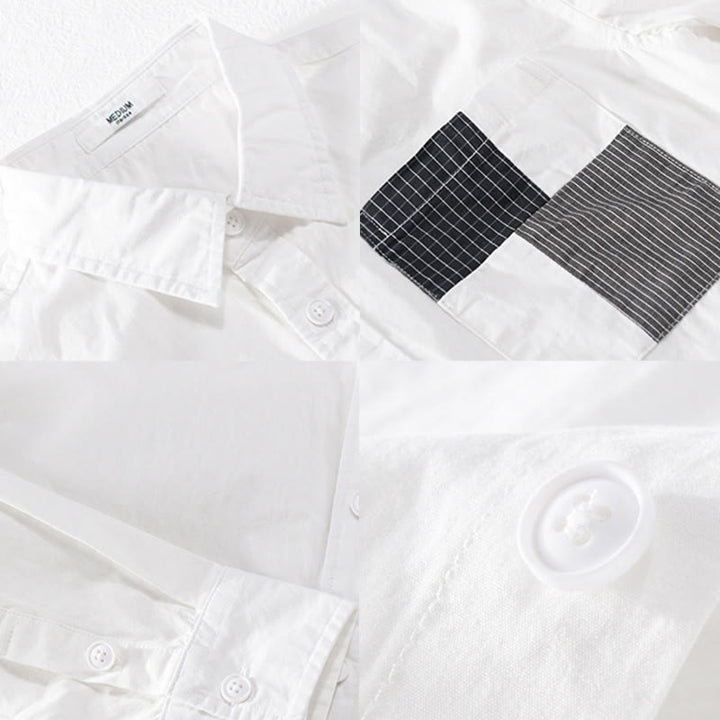 Buddha Stones Fall Square Color Blocking Decorative Pocket Buttons Down Stand Collar Long Sleeve Men's Cotton Shirt - image 12