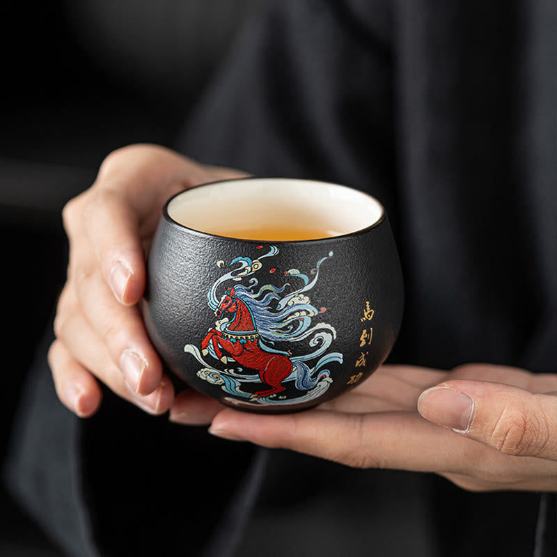 Buddha Stones Year Of The Horse Hand Painted Ceramic Teacup Kung Fu Tea Cup  - image 0