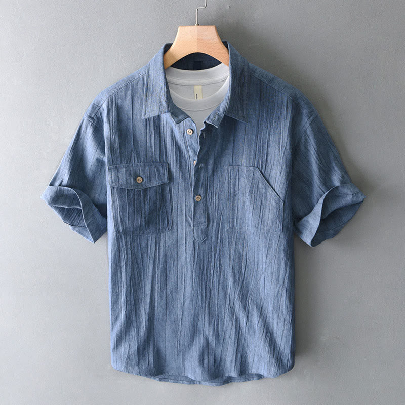 Buddha Stones Summer Solid Pleated Design Men's Half Button Short Sleeve Cotton Ramie Shirt - SteelBlue - US/UK/AU44，EU54 (4XL) - image 0