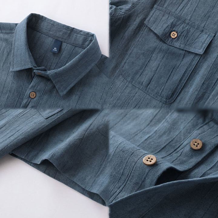 Buddha Stones Summer Solid Pleated Design Men's Half Button Short Sleeve Cotton Ramie Shirt - image 9