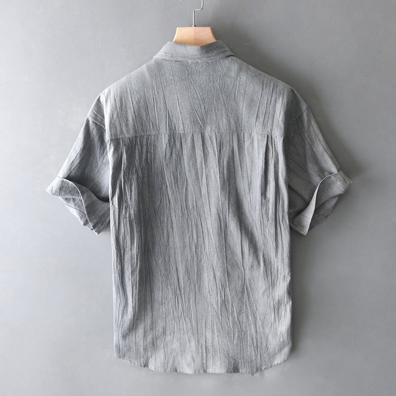 Buddha Stones Summer Solid Pleated Design Men's Half Button Short Sleeve Cotton Ramie Shirt - image 12