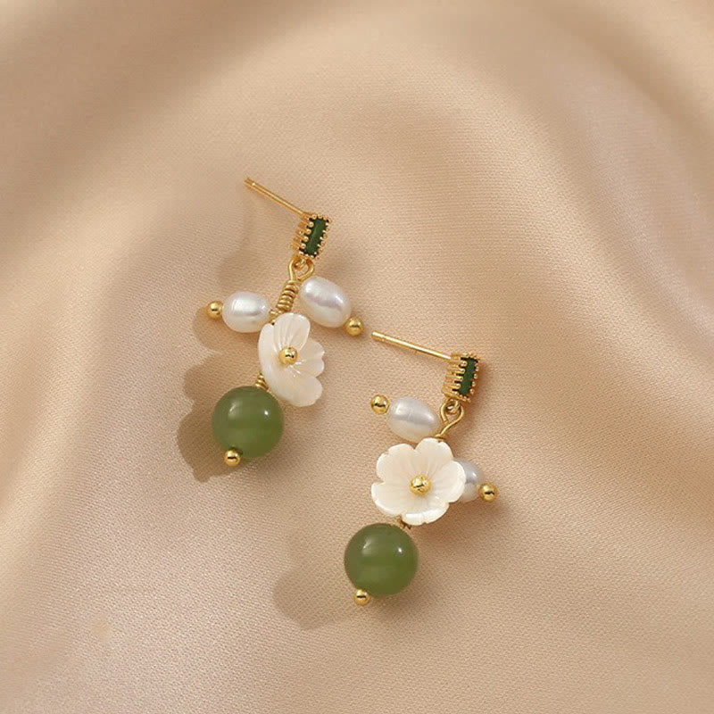 Buddha Stones Hetian Jade Pearl Bead Flower Prosperity Abundance Earrings - image 5